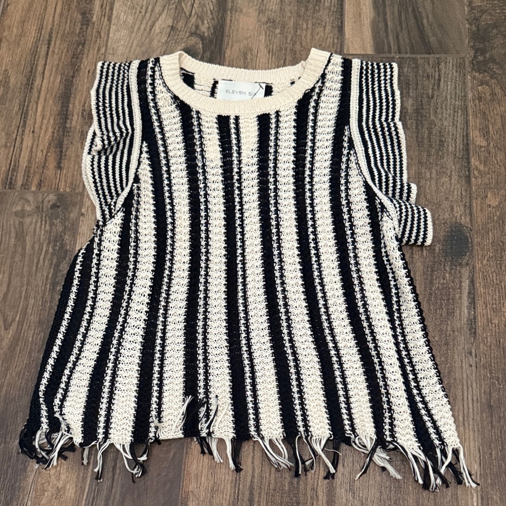Eleven Six Striped Knit Fringe Top